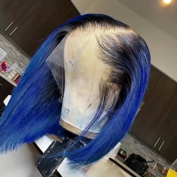 Ombre Black/DeepBlue 13x4 Lace Frontal Straight Peruvian Remy Human Hair Bob Wig - Picture 7 of 7